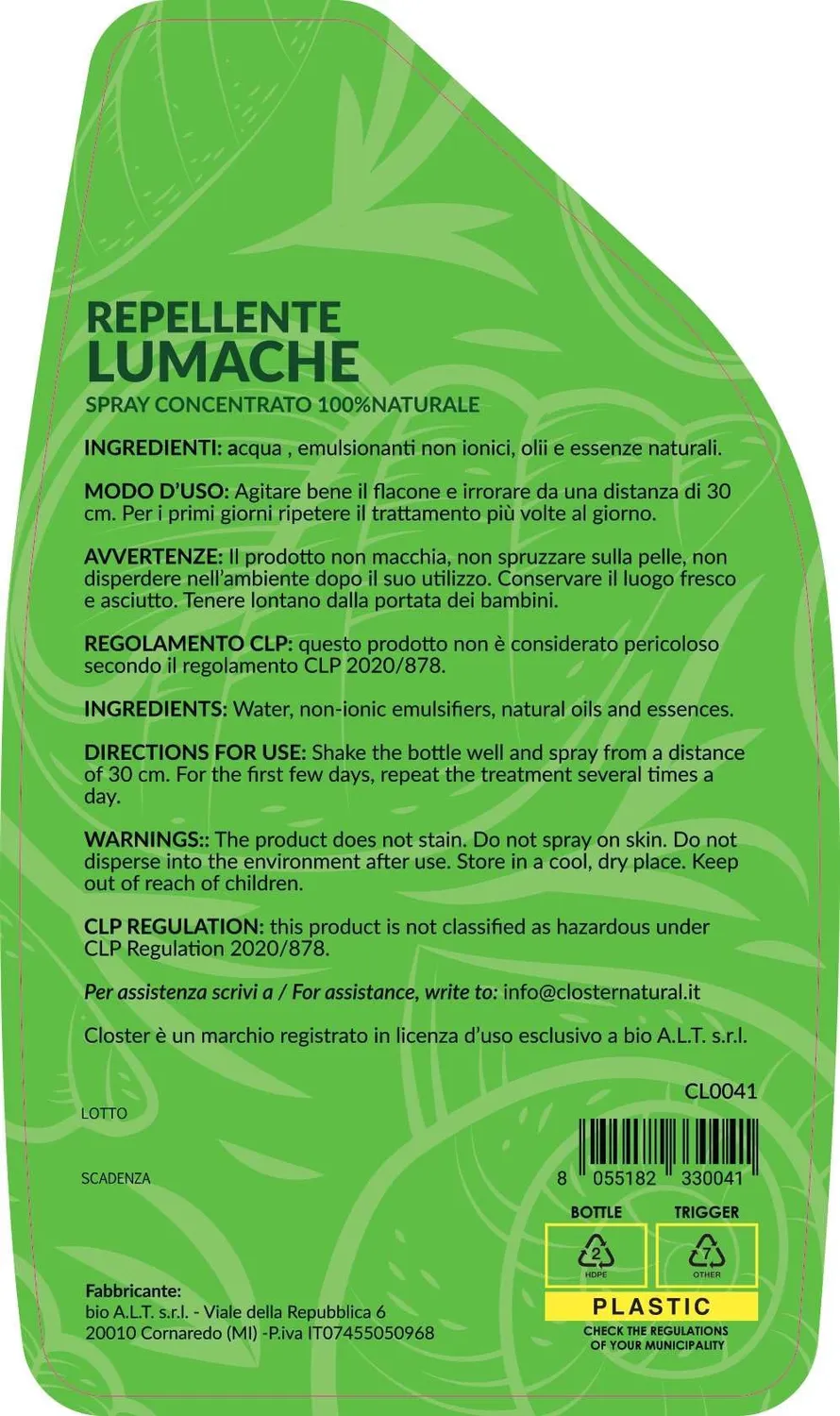 Closter Spray Antilumaca naturale 750 ml orto giardino